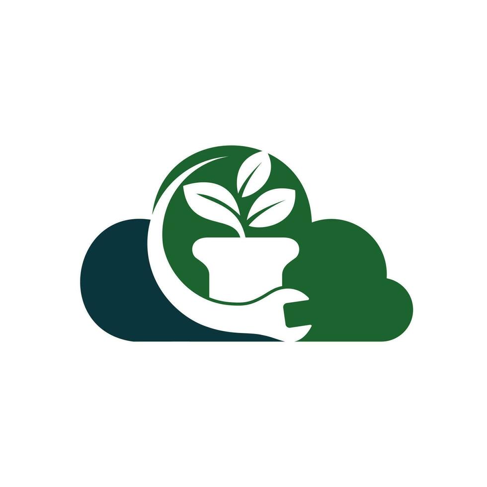 tuin fix vector logo concept. bloem pot en moersleutel met wolk logo icoon.