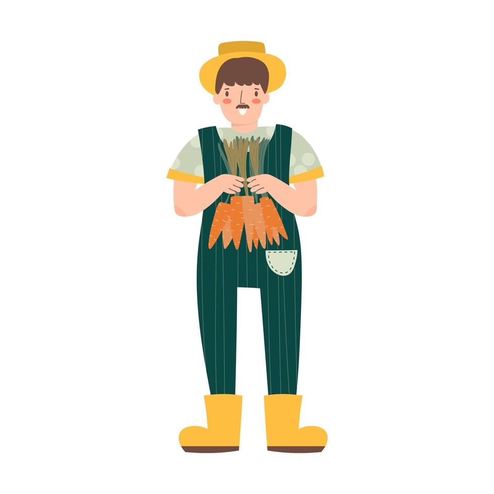 boer houdt een bundel van wortels in zijn handen. een glimlachen boer Mens met een wortel in zijn handen. oogsten en landbouw. vlak vector illustraties geïsoleerd Aan wit achtergrond.