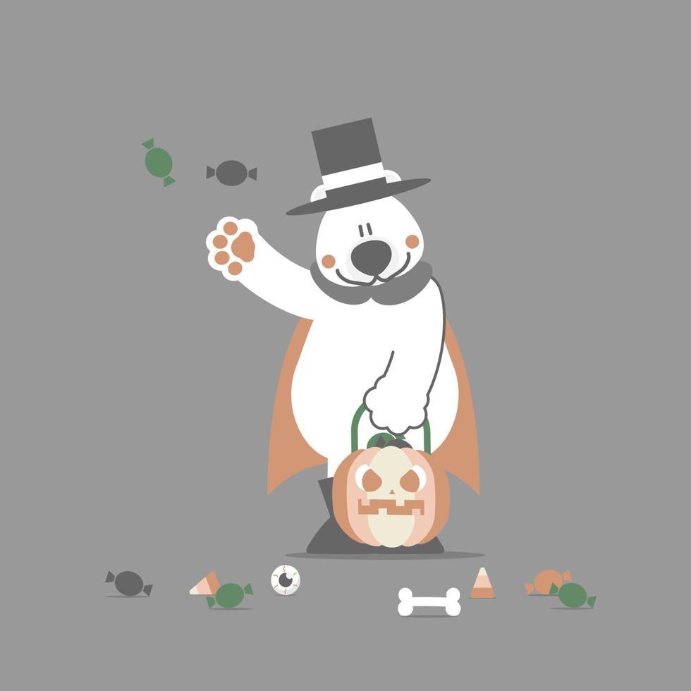 gelukkig halloween vakantie festival met polair beer en pompoen, vlak vector illustratie tekenfilm karakter ontwerp