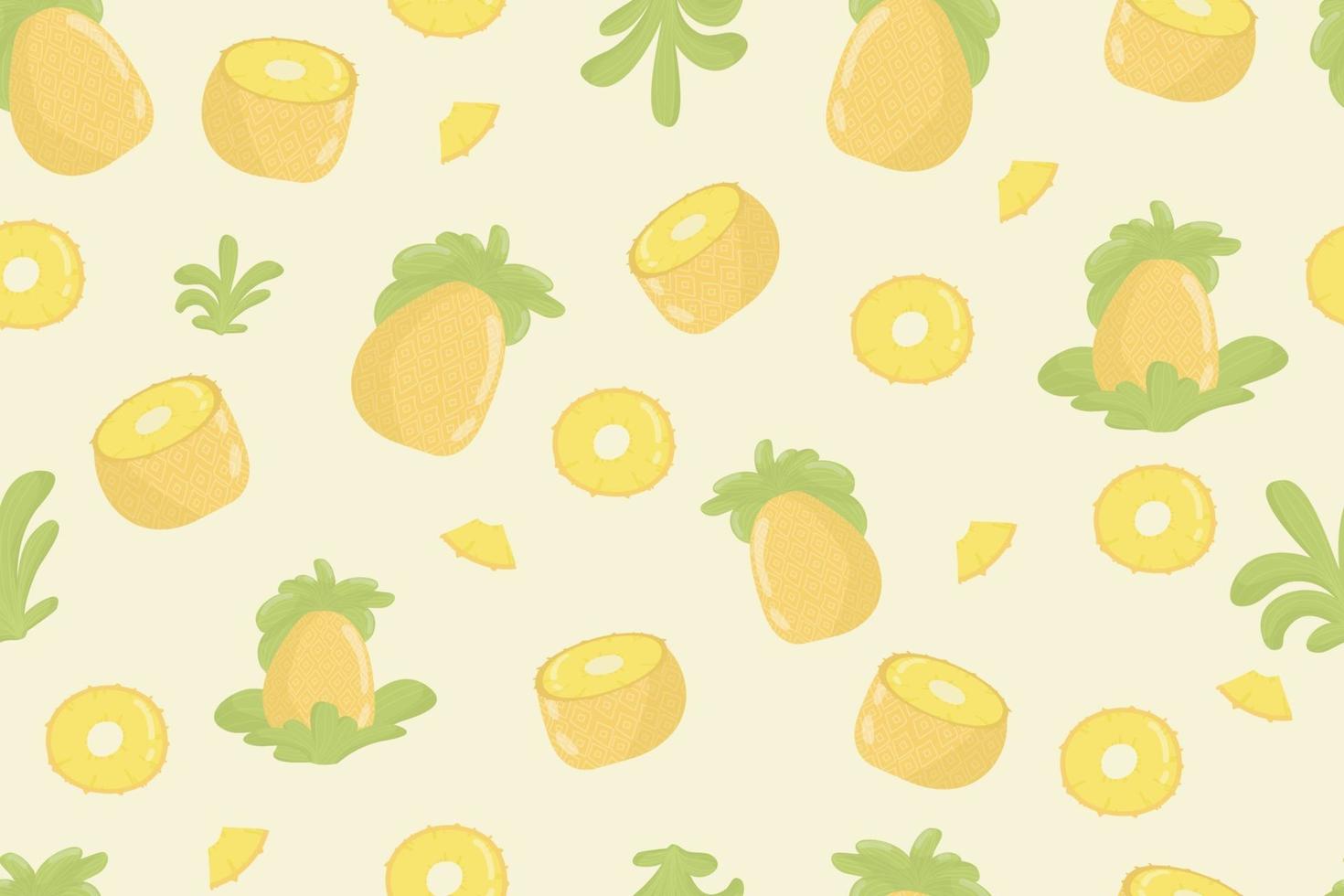 ananas fruit vers naadloos patroon. ananas en bladeren op geel naadloos patroon. modern tropisch exotisch fruitontwerp voor inpakpapier, textiel, banner, web, app. helder sappig geel ananasfruit en zachtgroene bladeren vector