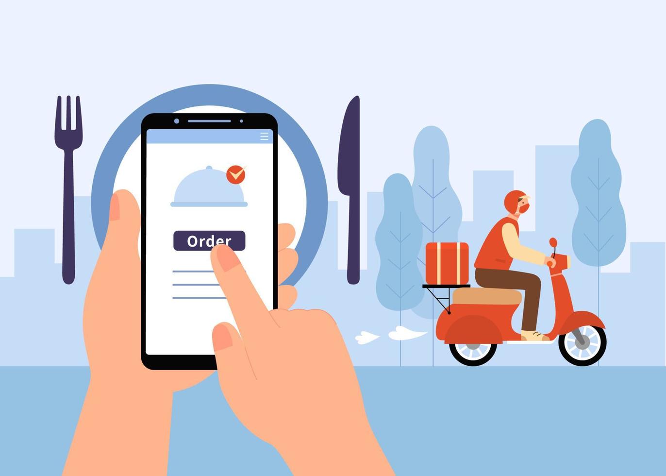 online voedsel of kruidenier levering onderhoud. illustratie van een persoon bestellen voedsel leveren Aan telefoon en een koerier is rijden scooter in de stad. vector