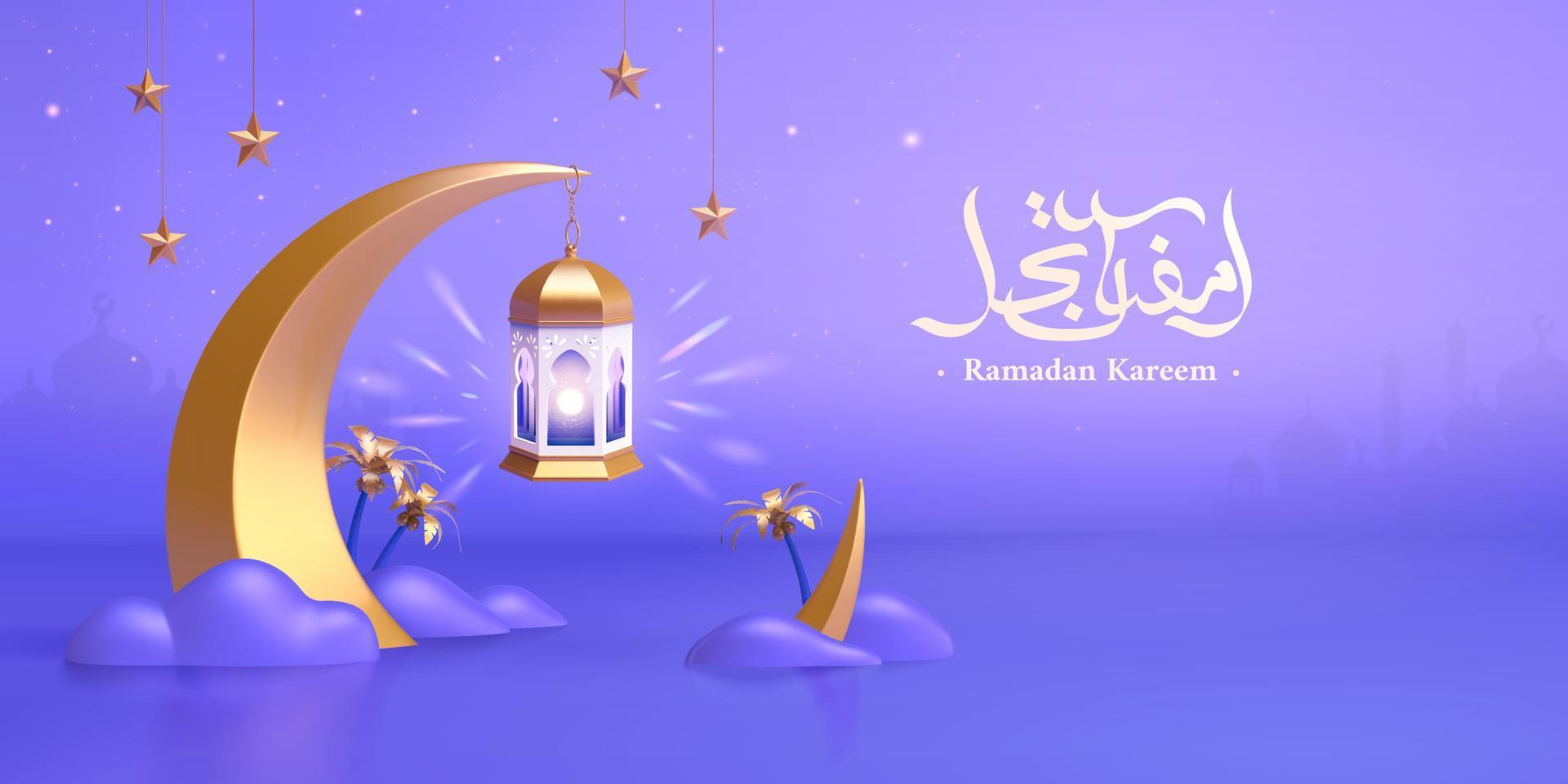 3d creatief Arabisch banier, ontworpen met een mooi Ramadan lantaarn hangende Aan groot metaal halve maan maan. Islamitisch vakantie achtergrond ontwerp voor groet kaart of uitverkoop evenement. vector