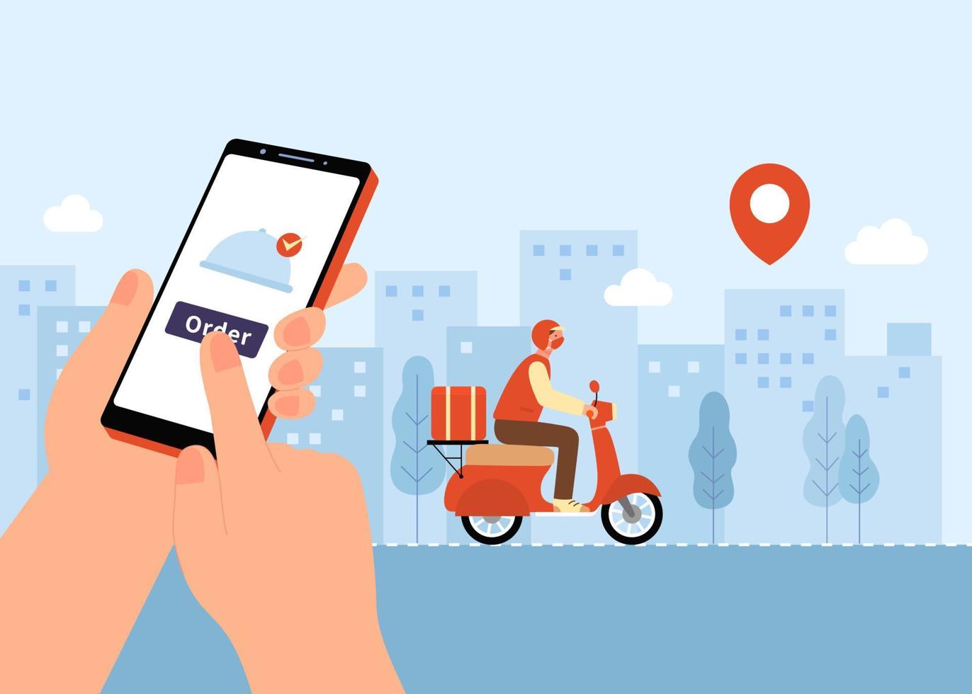 online voedsel of kruidenier levering onderhoud. illustratie van een persoon bestellen voedsel leveren Aan telefoon en een koerier is rijden scooter in de stad. vector