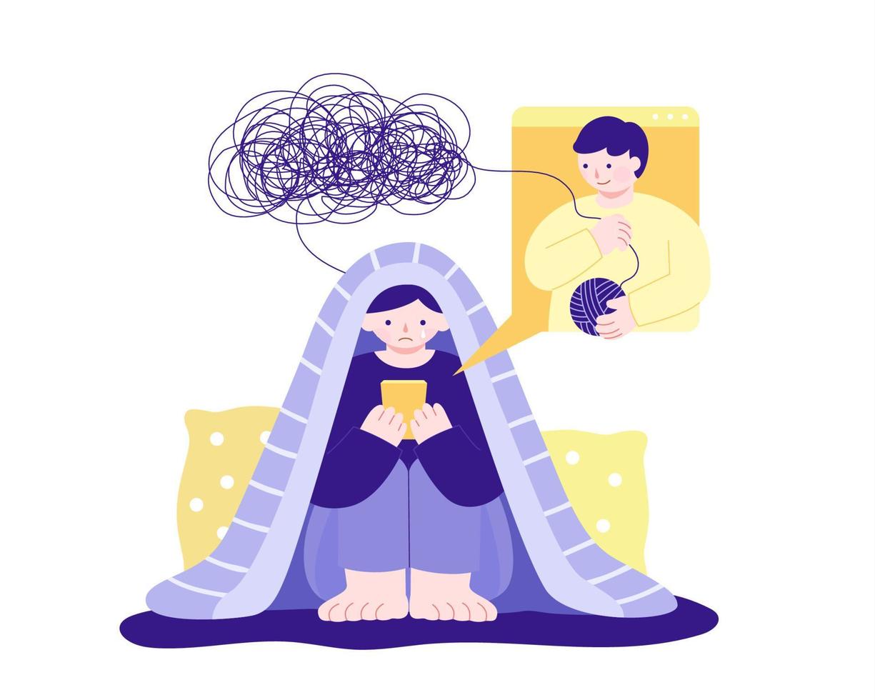 vlak illustratie van een huilen tiener zittend in bed en sms'en Aan telefoon met zijn vriend. concept van online geest Gezondheid overleg of familie steun. vector