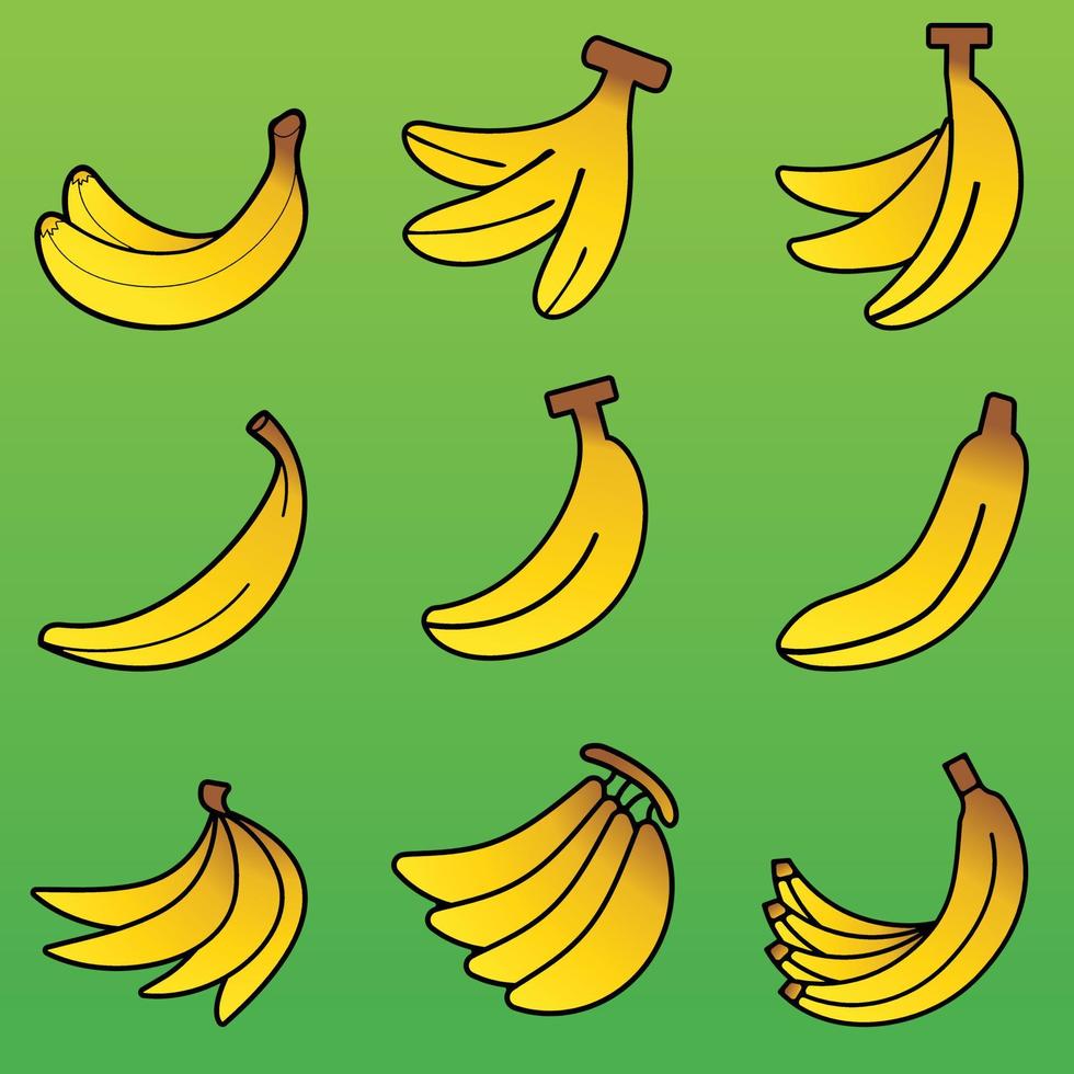 bananen icoon set. vector illustratie van banaan voor fruit en voedsel ontwerp. banaan icoon voor ontwerp over gezond, eetpatroon, voeding, vegetarisch, en tropisch. vers fruit voor gezond levensstijl