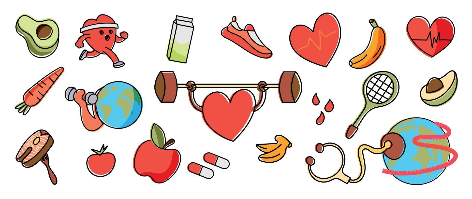wereld Gezondheid dag concept, 7 april, element vector set. hand- getrokken tekening stijl van oefening hart, eetpatroon voedsel, voeding, sport, wereldbol, geneesmiddel. ontwerp voor web, banier, campagne, sociaal media na.