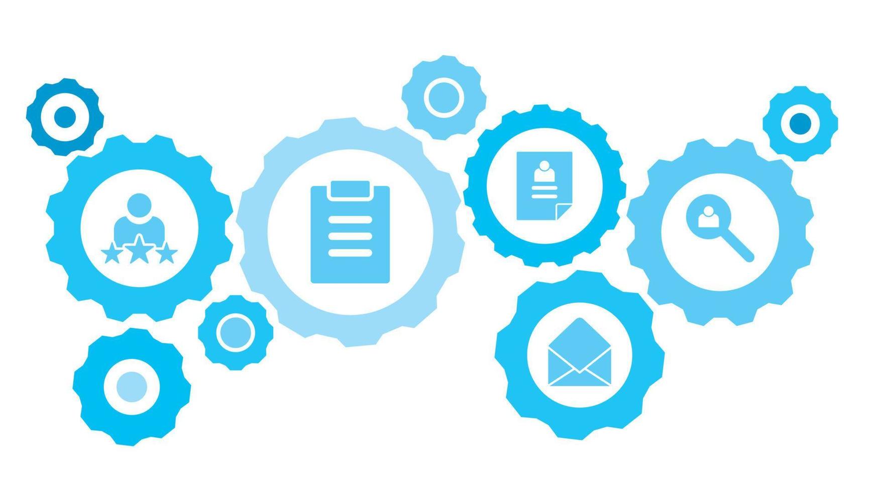 verbonden versnellingen en vector pictogrammen voor logistiek, onderhoud, Verzenden, verdeling, vervoer, markt, communiceren concepten. avatar, gebruiker, zoeken uitrusting blauw icoon reeks Aan wit achtergrond
