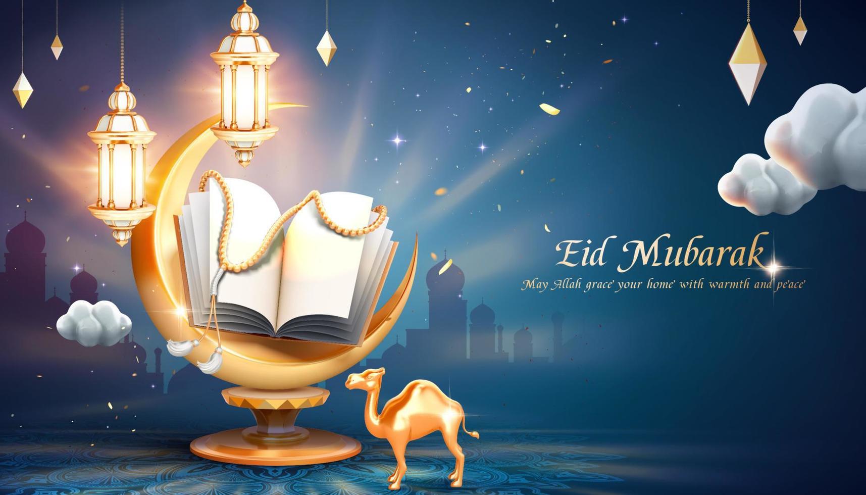 3d Arabisch vakantie groet banier met gloeiend halve maan en heilig boek koran over- blauw moskee silhouet achtergrond vector