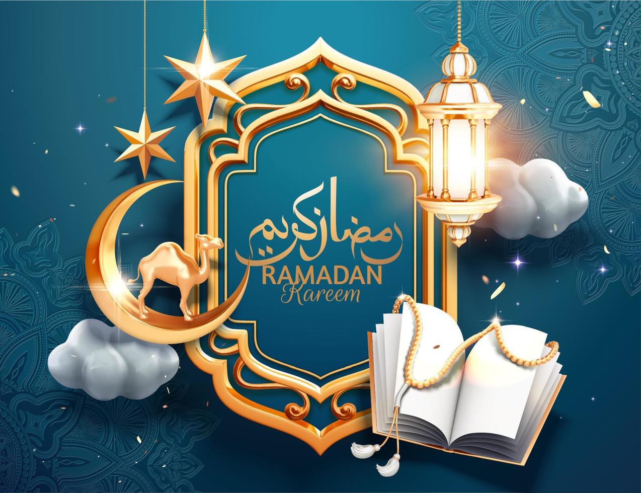3d groet arabesk blauw achtergrond met hangende lantaarns, heilig boek koran en halve maan, Arabisch schoonschrift tekst Ramadan kareem voor heilig maand vector