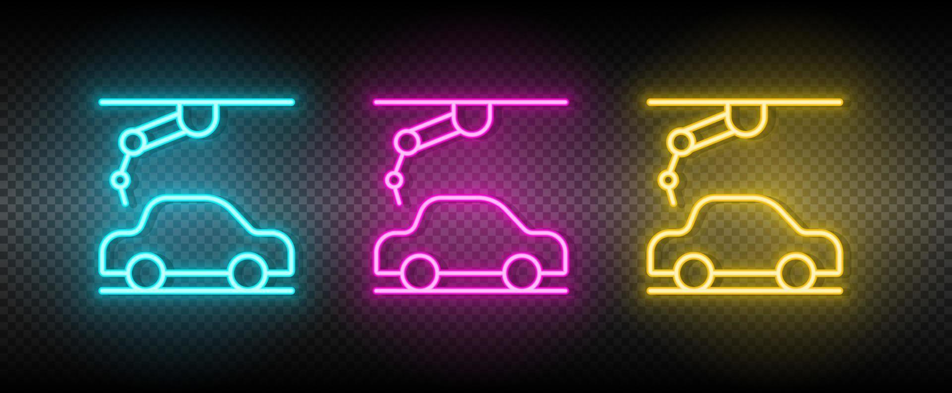 monteren robot, auto- robot neon icoon set. technologie vector illustratie neon blauw, geel, rood icoon reeks