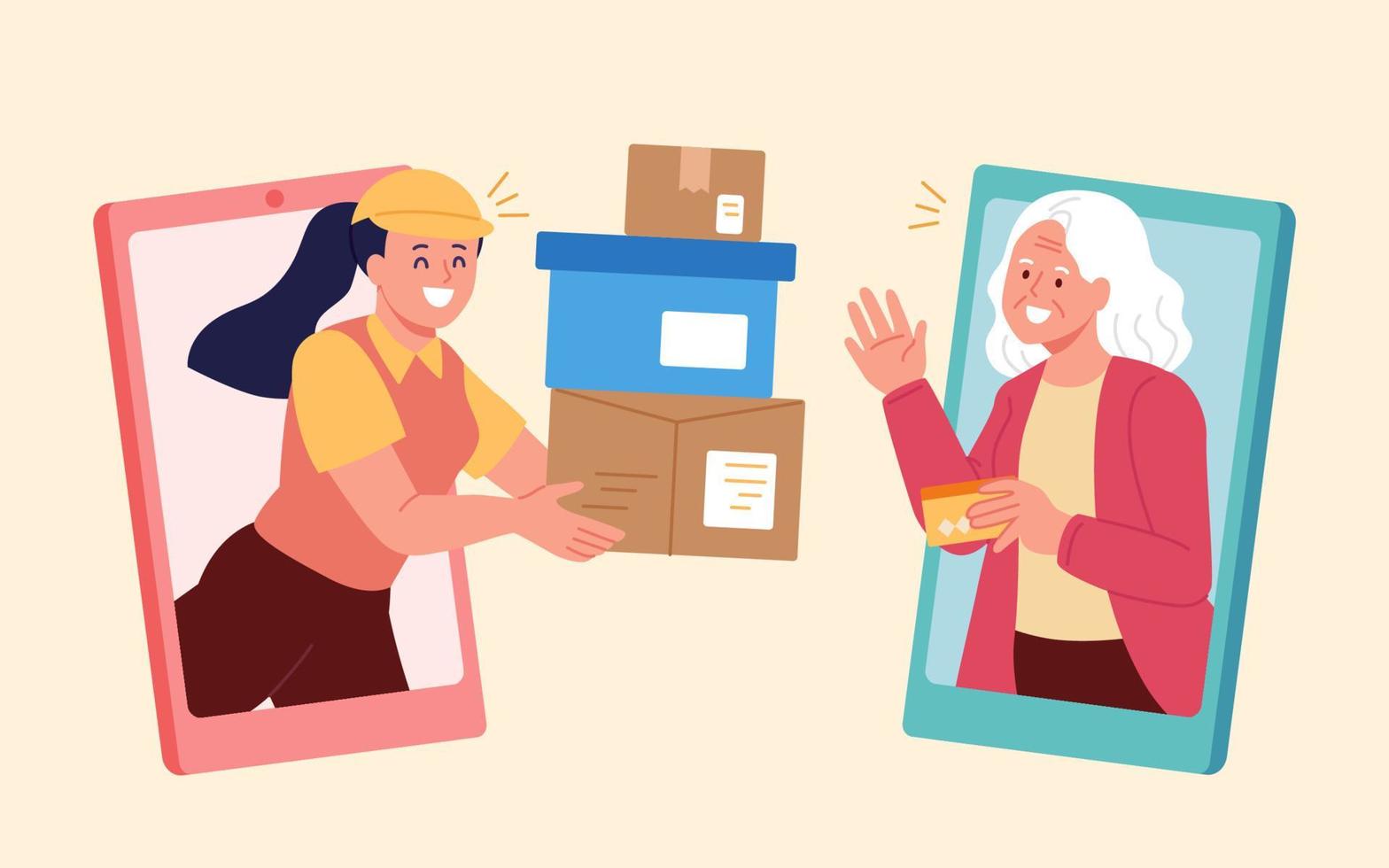 ouderling ontvangen goederen kocht online. vlak illustratie van een vrouw koerier overhandigen pakketten naar een ouderen klant vector