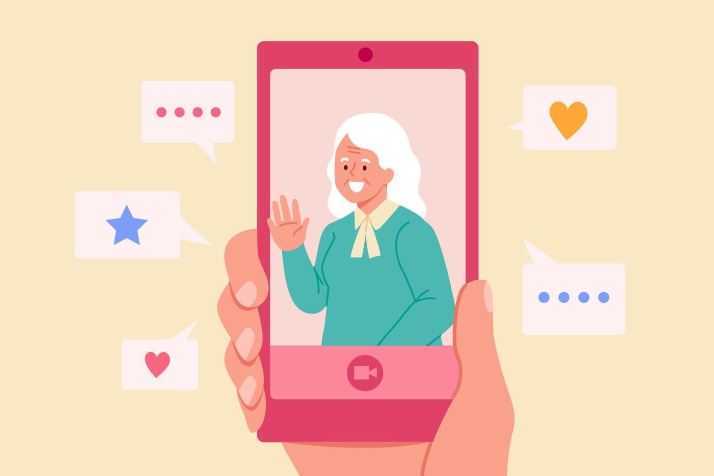 video roeping in eerste persoon visie. vlak illustratie van een Mens vergadering een ouderen vrouw online Aan telefoon met zijn eerste persoon perspectief vector