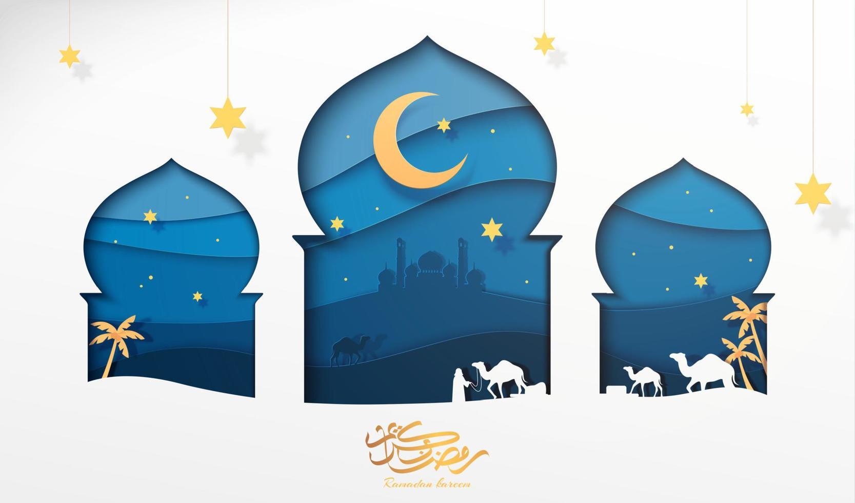 groots moskeeën deur of venster onthullen de onder marine kleur achtergrond met maan. Arabisch schoonschrift vertaling, Ramadan kareem, Islamitisch vakantie groet kaart vector
