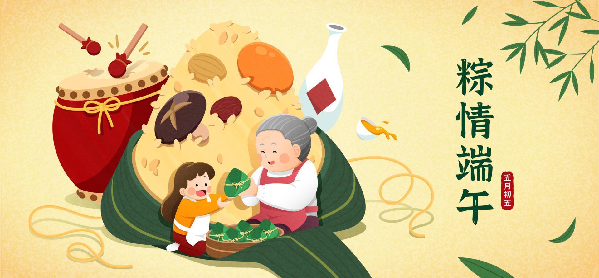 Aziatisch grootmoeder geeft les de meisje hoe naar inpakken een rijst- knoedel. concept van Chinese traditioneel voedsel voor draak boot festival. vertaling, duanwu festival en de vijfde van mei vector