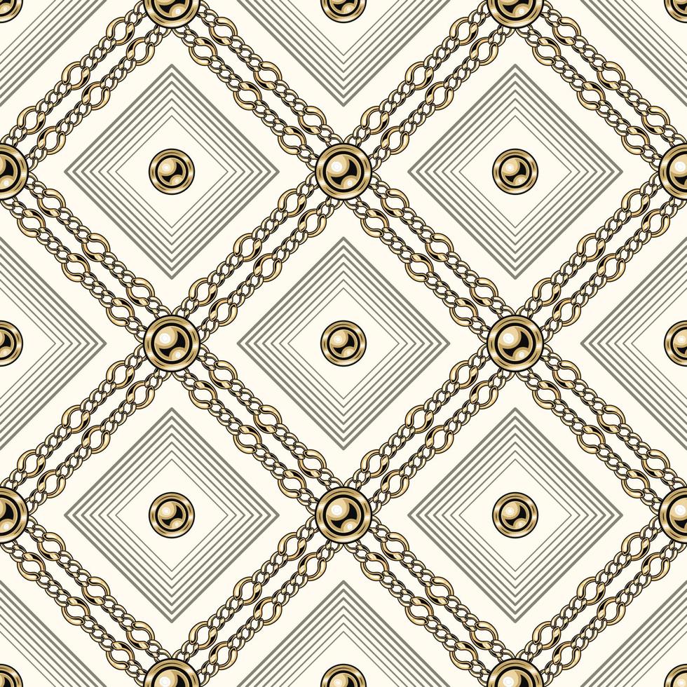 wijnoogst wit, beige patroon met goud figaro kettingen, gouden kralen, schets vierkanten. klassiek vector naadloos achtergrond.