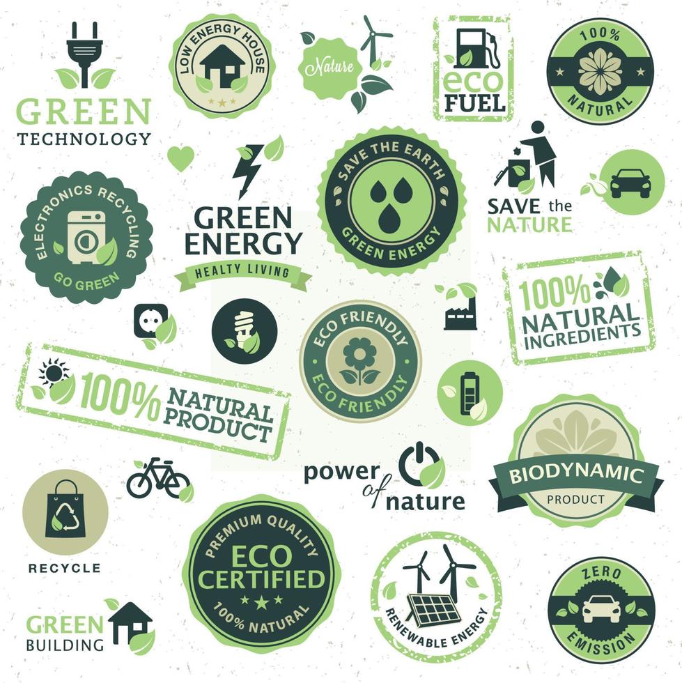 reeks van etiketten en stickers voor groen technologie vector