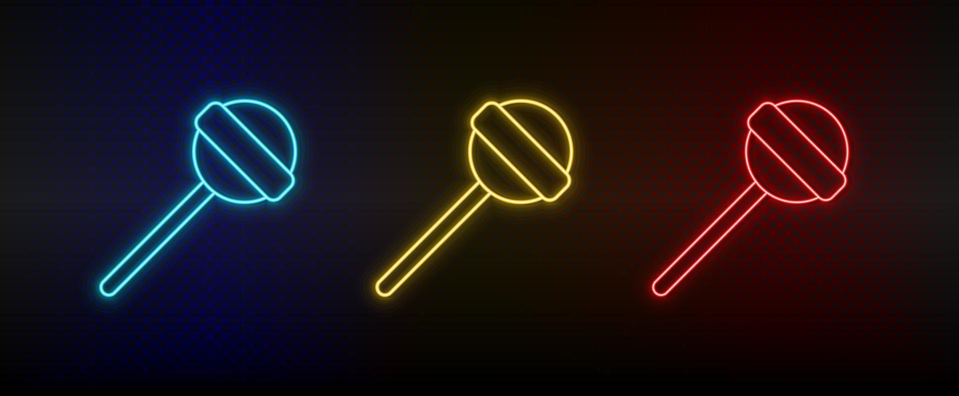 neon icoon reeks snoep, lolly. reeks van rood, blauw, geel neon vector icoon Aan donker achtergrond