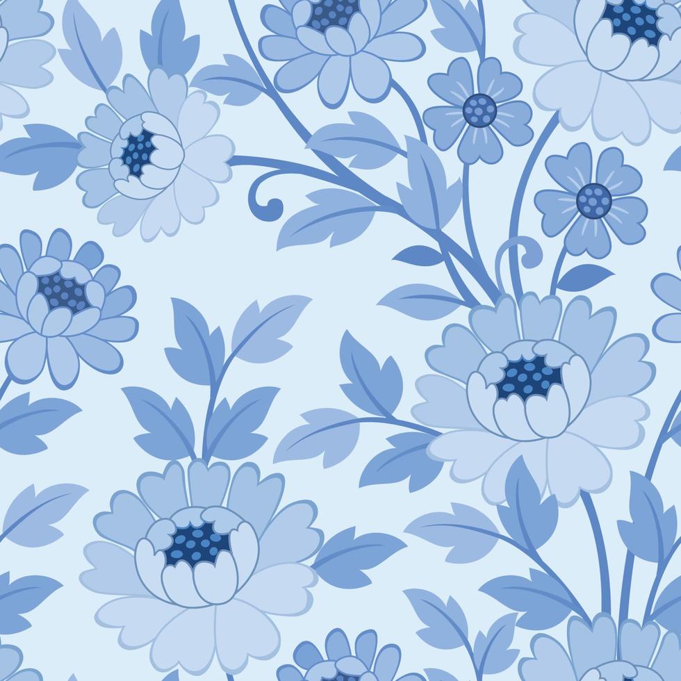 blauw monochroom bloem ornament naadloos patroon. vector