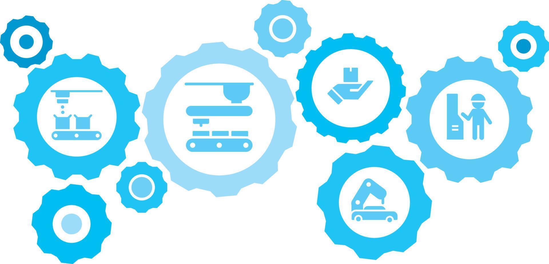 verbonden versnellingen en vector pictogrammen voor logistiek, onderhoud, Verzenden, verdeling, vervoer, markt, communiceren concepten. massa, productie, ingenieur uitrusting blauw icoon reeks Aan wit achtergrond