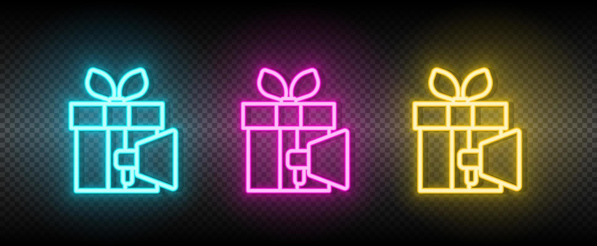 Promotie, geschenk neon icoon set. media afzet vector illustratie neon blauw, geel, rood icoon reeks