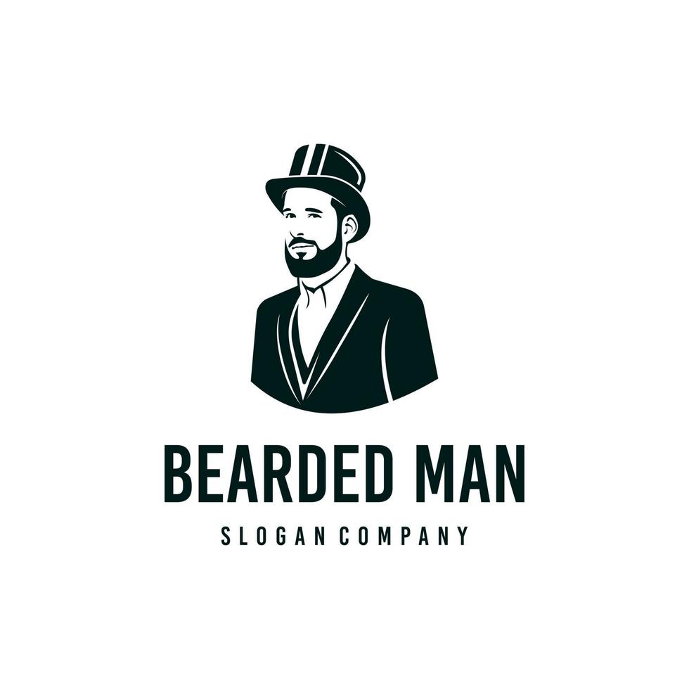 baard Mens vector ontwerp inspiratie. gebaard logo ontwerp sjabloon. Mens met hoed en pak symbool logo. een baard Mens symbool silhouet. gebaard Mens lijn kunst logo.