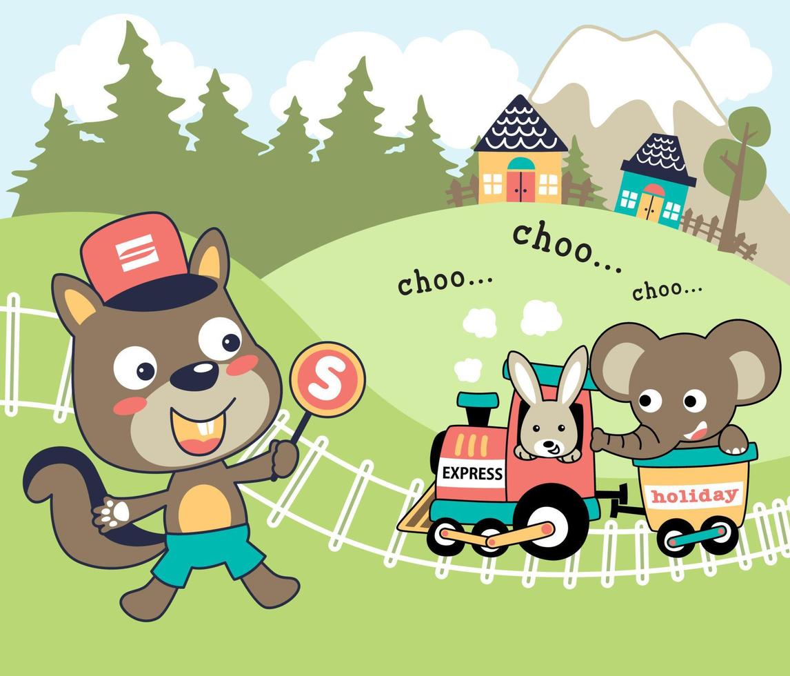 grappig konijn en olifant Aan stoom- trein, eekhoorn de portier het spoor, vector tekenfilm illustratie