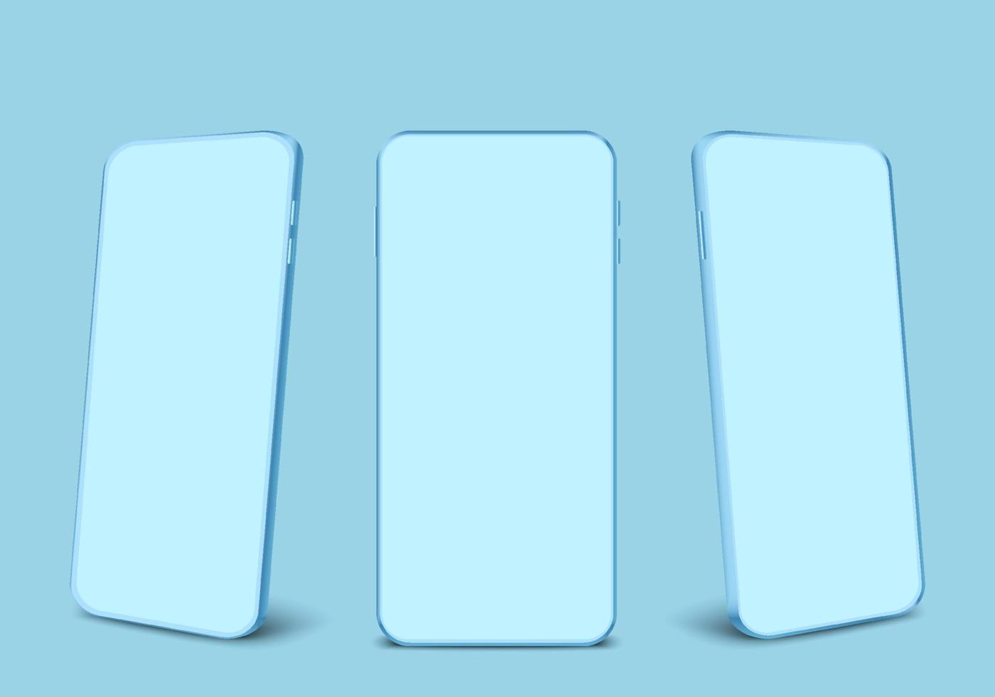 realistisch 3d blauw monochroom smartphone mockup geïsoleerd Aan achtergrond. pastel kleur mobiel telefoon verzameling met kopiëren ruimte. bedrijf technologie vector illustratie