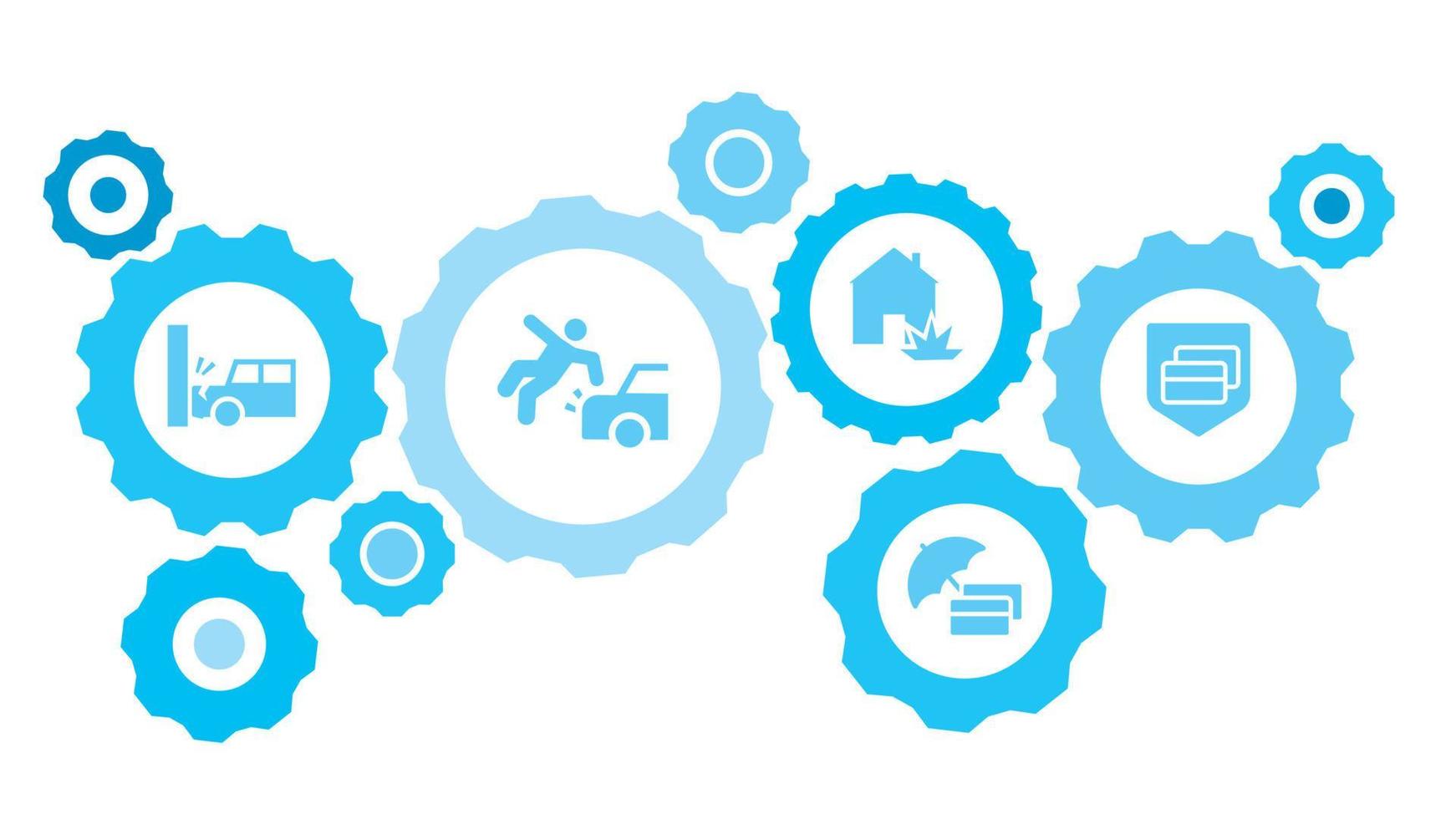 verbonden versnellingen en pictogrammen voor logistiek, onderhoud, Verzenden, verdeling, vervoer, markt, communiceren concepten. credit, kaart, verzekering, betaling, bescherming uitrusting blauw icoon reeks Aan wit achtergrond vector