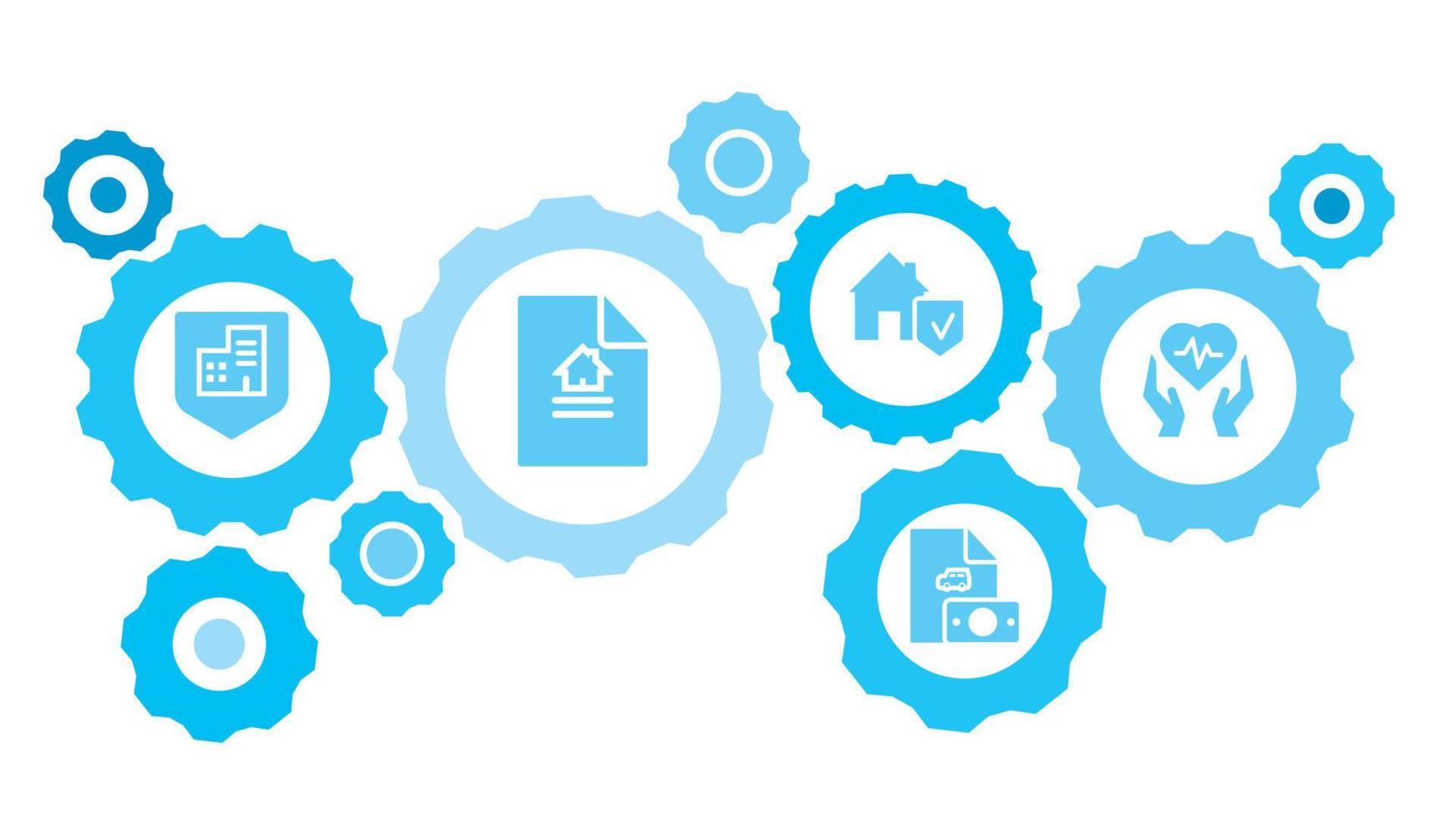 verbonden versnellingen en pictogrammen voor logistiek, onderhoud, Verzenden, verdeling, vervoer, markt, communiceren concepten. Gezondheid, hart, verzekering, medisch uitrusting blauw icoon reeks Aan wit achtergrond vector