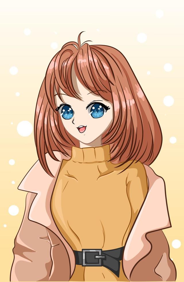 cartoon anime mooi meisje met kort haar en het dragen van winterkleren vector