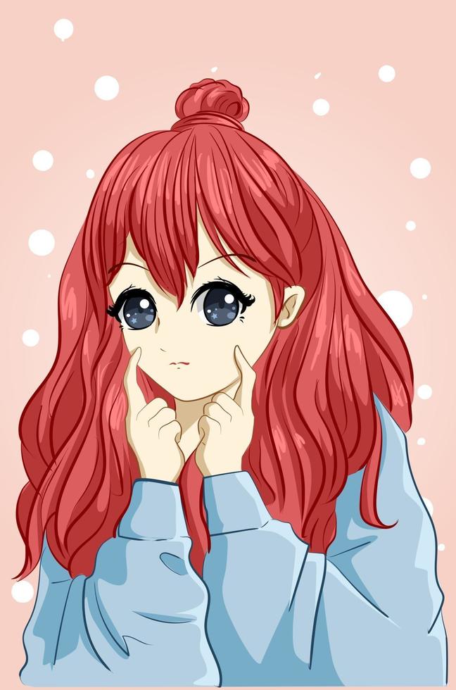 mooi en schattig meisje met lang rood haar met jas cartoon afbeelding vector