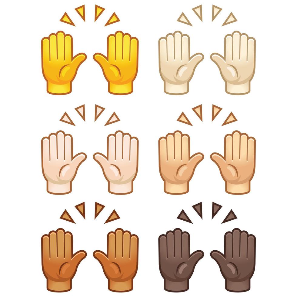 verschillend humeur emoji. emotioneel handen omhoog Hoi Hallo emoji hand- reeks van divers huid toonschattig tekenfilm gestileerde vector tekenfilm illustratie pictogrammen. geïsoleerd Aan wit achtergrond.