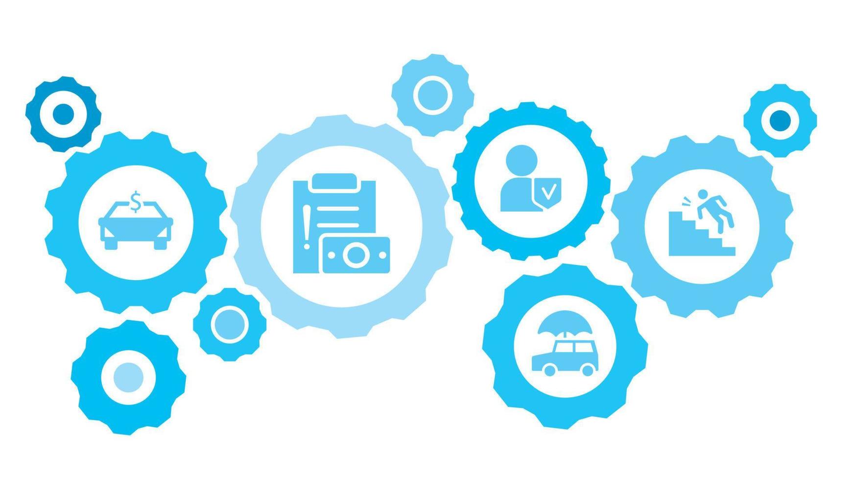 verbonden versnellingen en pictogrammen voor logistiek, onderhoud, Verzenden, verdeling, vervoer, markt, communiceren concepten. ongeluk, val. verzekering uitrusting blauw icoon reeks Aan wit achtergrond vector