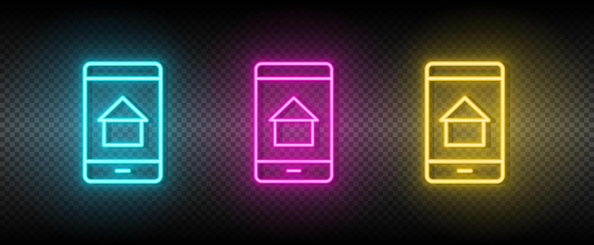 echt landgoed vector app, huis, mobiel. illustratie neon blauw, geel, rood icoon reeks