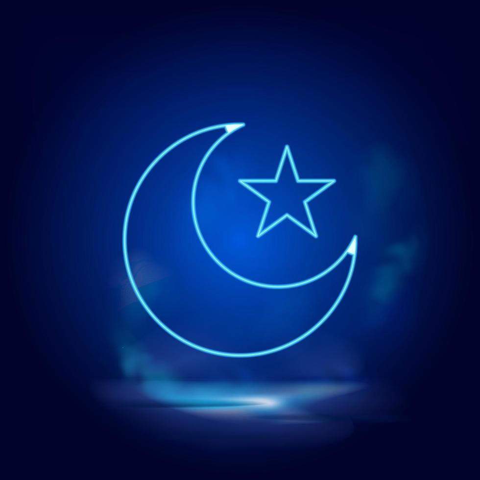 Islam, maan, ster symbool neon icoon. blauw rook effect blauw achtergrond vector