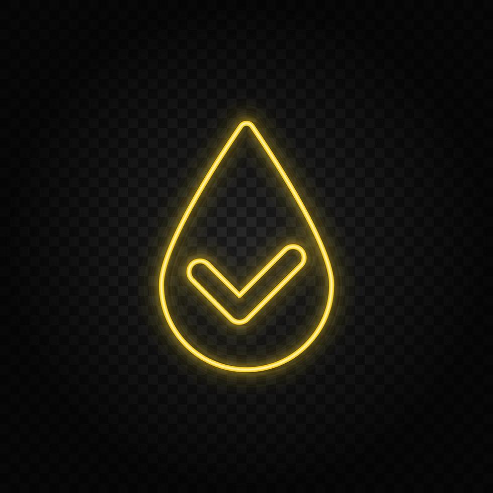 geel neon icoon controleren, druppel, selecteer, water. transparant achtergrond. geel neon vector icoon Aan donker achtergrond