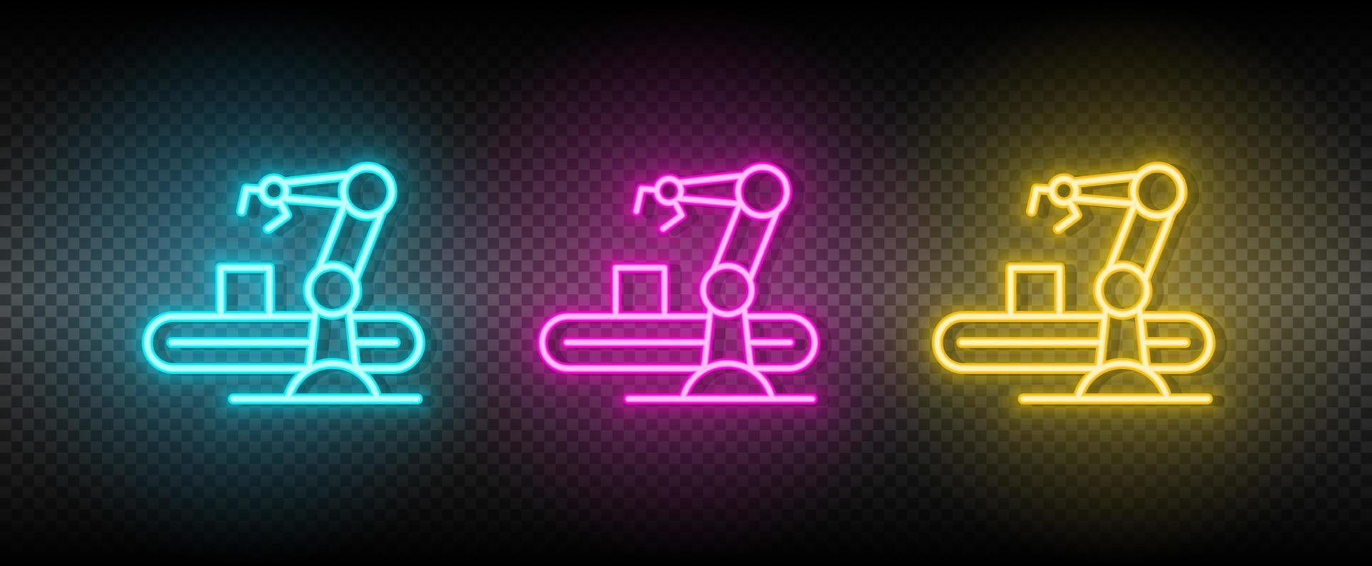 hydraulisch arm, industrieel arm neon icoon set. technologie vector illustratie neon blauw, geel, rood icoon reeks