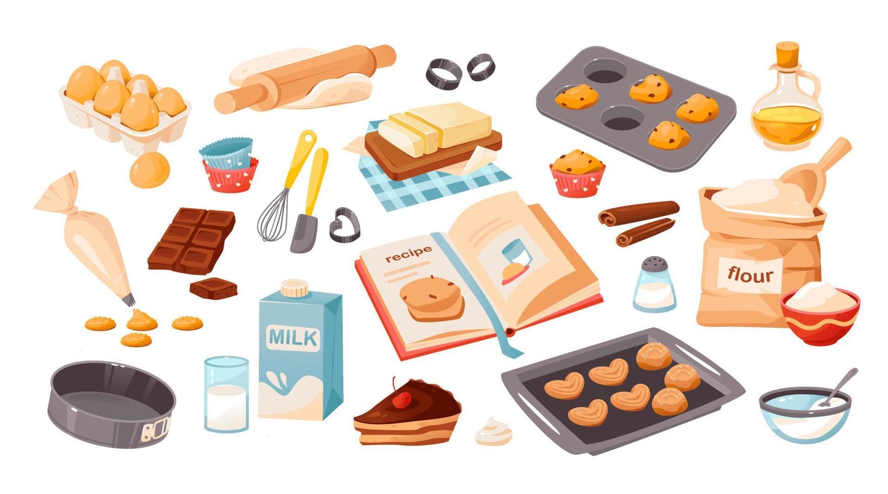 een reeks van bakken ingrediënten. producten en keuken gereedschap voor Koken bakken recepten. tekenfilm vector illustratie