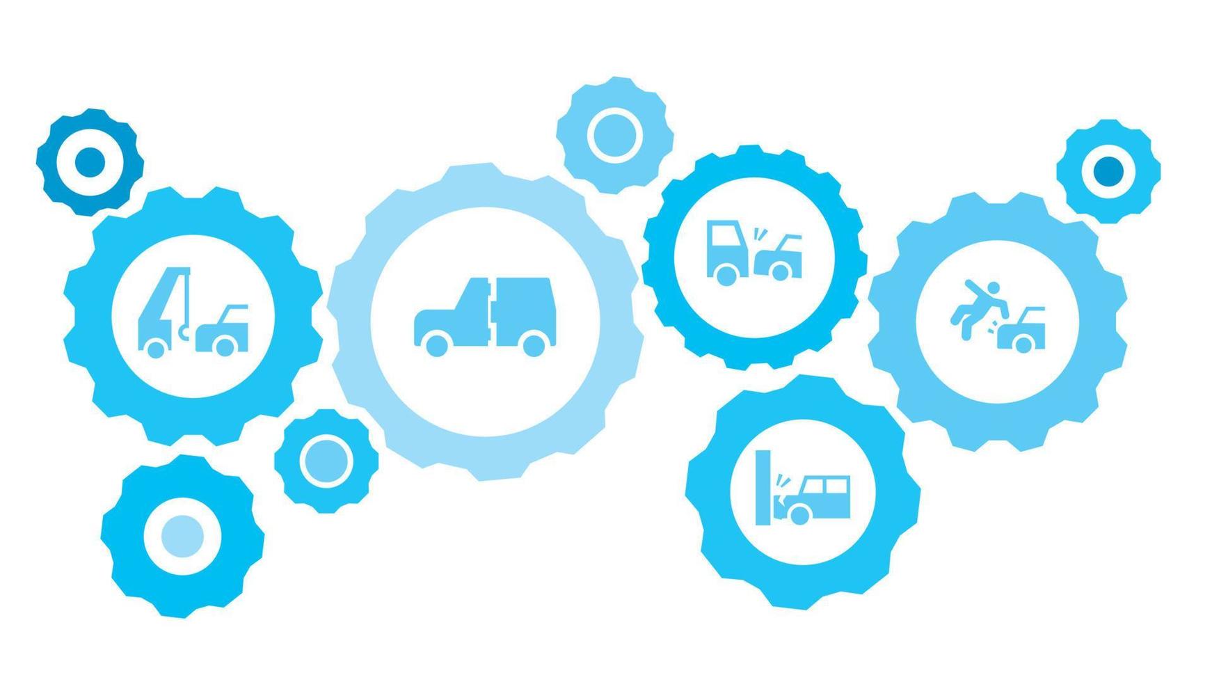 verbonden versnellingen en pictogrammen voor logistiek, onderhoud, Verzenden, verdeling, vervoer, markt, communiceren concepten. ongeluk, auto, verwonden, aansprakelijkheid uitrusting blauw icoon reeks Aan wit achtergrond vector