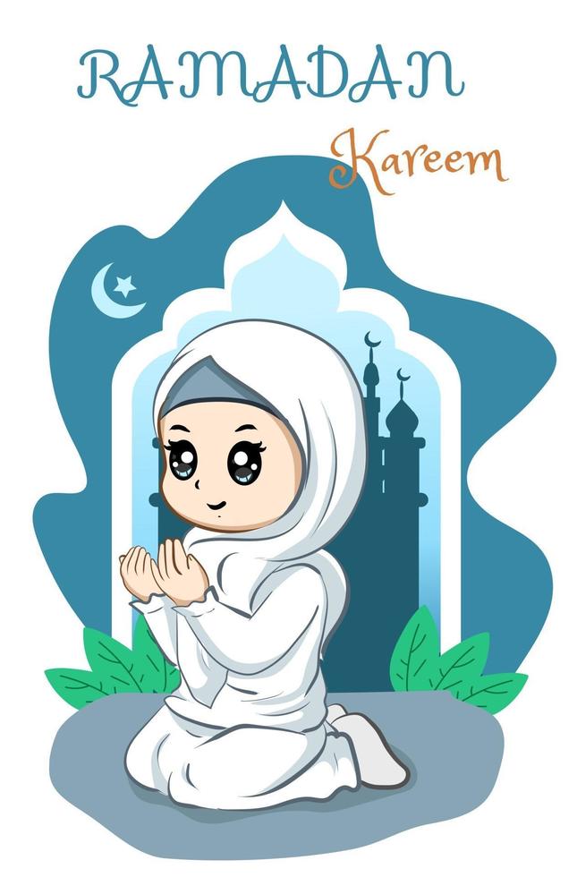 mooi moslimmeisje die bij ramadan kareem cartoon afbeelding bidden vector