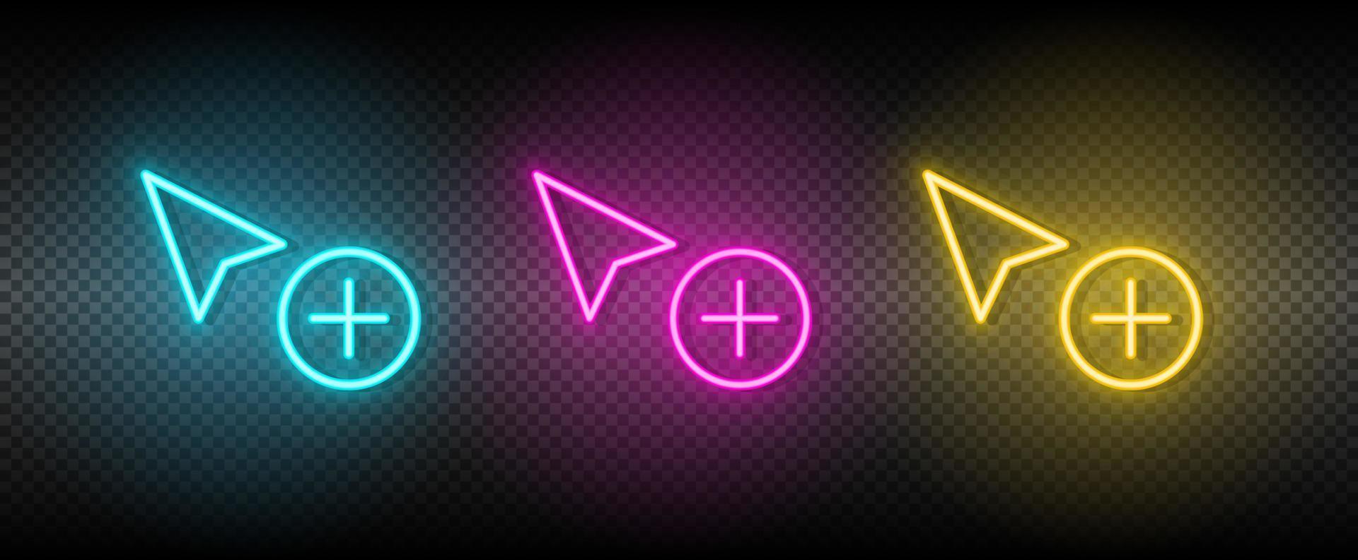 toevoegen, kopiëren, cursor vector icoon geel, roze, blauw neon set. gereedschap vector icoon Aan donker transparantie achtergrond