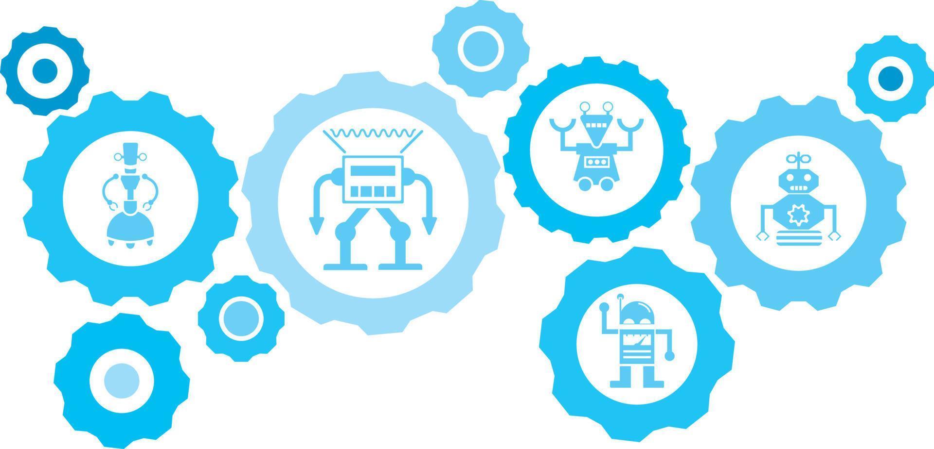 robot, icoon, technologie, industrie, fabriek blauw uitrusting set. abstract achtergrond met verbonden versnellingen en pictogrammen voor logistiek, onderhoud, Verzenden, verdeling, vervoer, markt, communiceren concepten vector