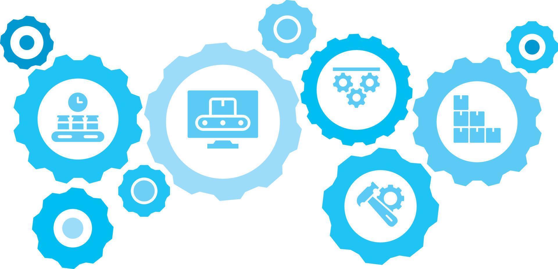 verbonden versnellingen en vector pictogrammen voor logistiek, onderhoud, Verzenden, verdeling, vervoer, markt, communiceren concepten. massa, productie, pakket uitrusting blauw icoon reeks Aan wit achtergrond