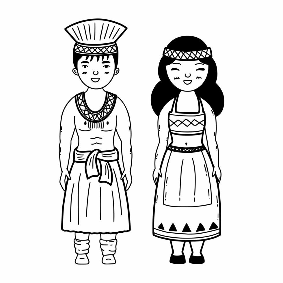 Mens en vrouw in nationaal Australisch kostuums. tradities van Australië. vector tekening illustratie.