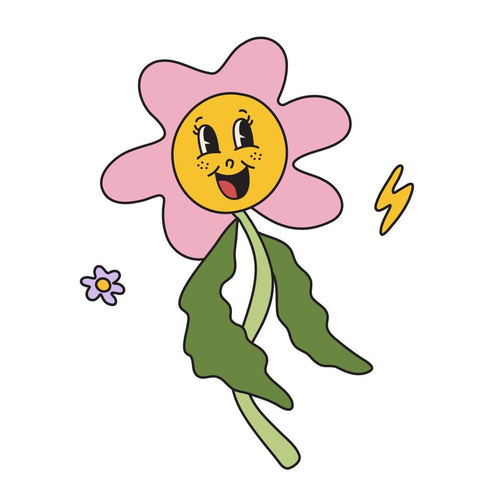 grappig bloem retro wijnoogst tekenfilm karakter illustratie. schattig hippie smiley bloem, kamille. vector