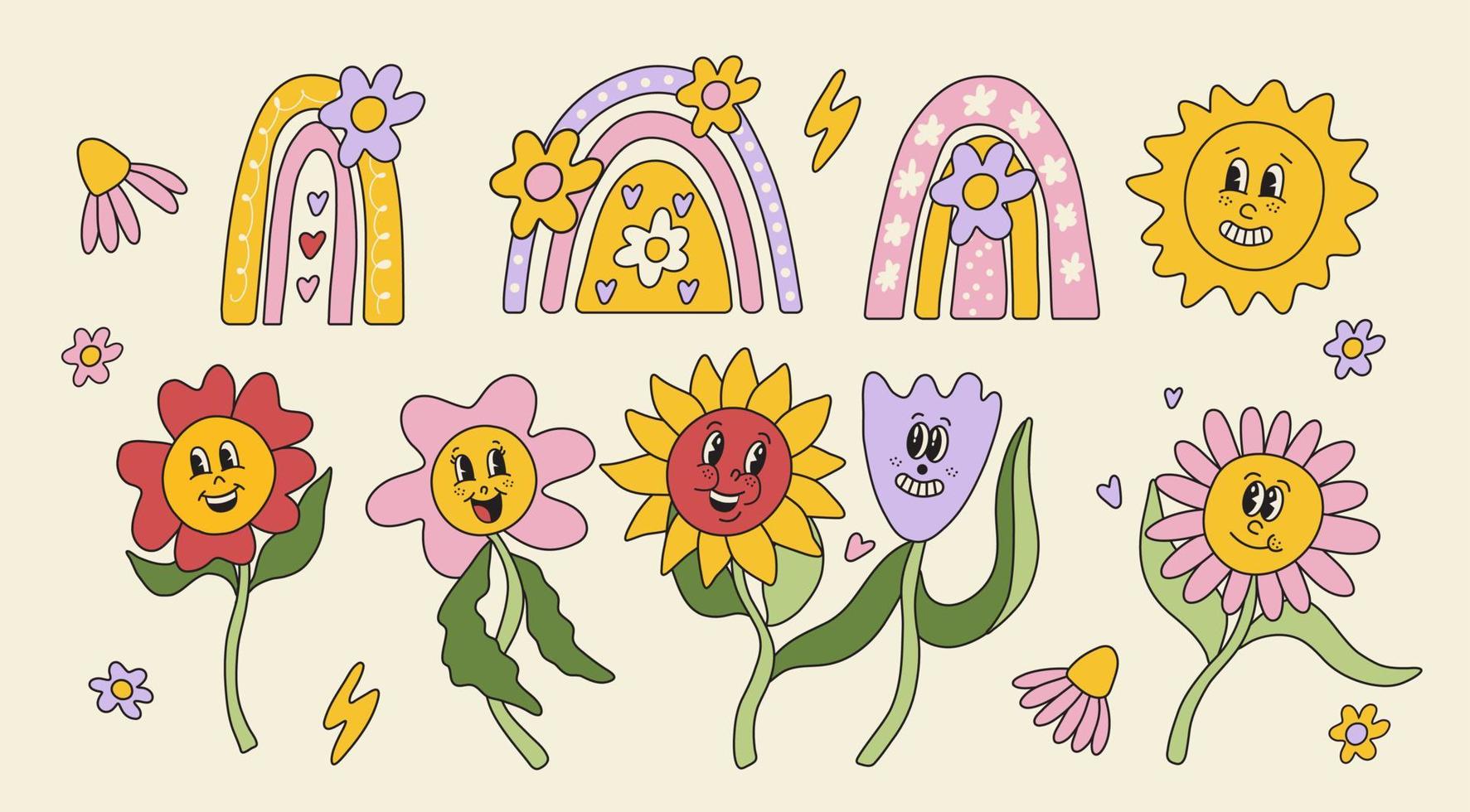 grappig reeks van retro wijnoogst bloem tekenfilm karakter illustratie. schattig hippie smiley bloem, kamille. vector