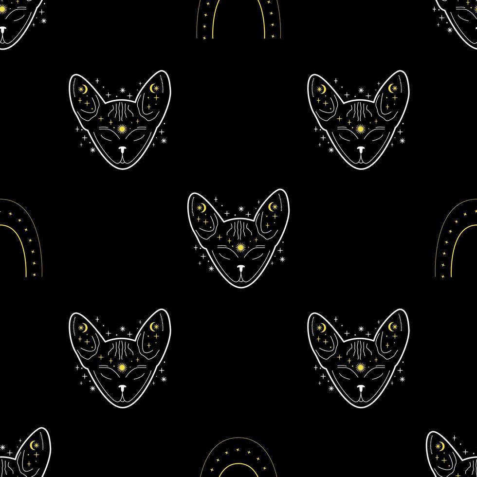 magie zwart kat hoofden naadloos patroon. digitaal papier. mystiek concept met hemel- elementen. sterren, maan, zon, Kristallen. folder, banier, achtergrond ontwerp. halloween. tovenaar heks symbolen. vector