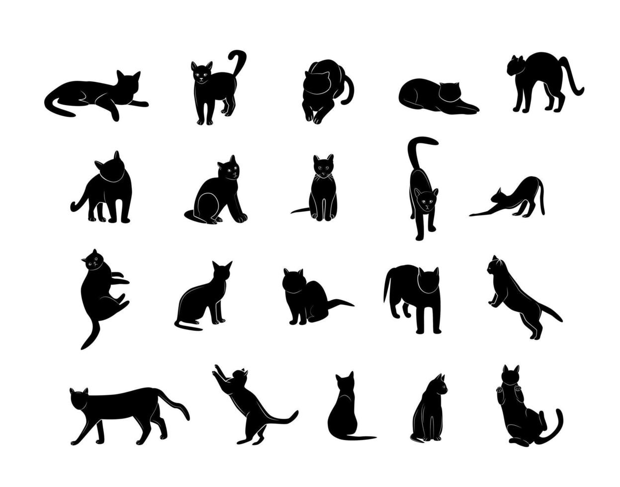 reeks van katten in verschillend poseert. katten silhouetten. huis huisdieren. geïsoleerd Aan wit achtergrond vector