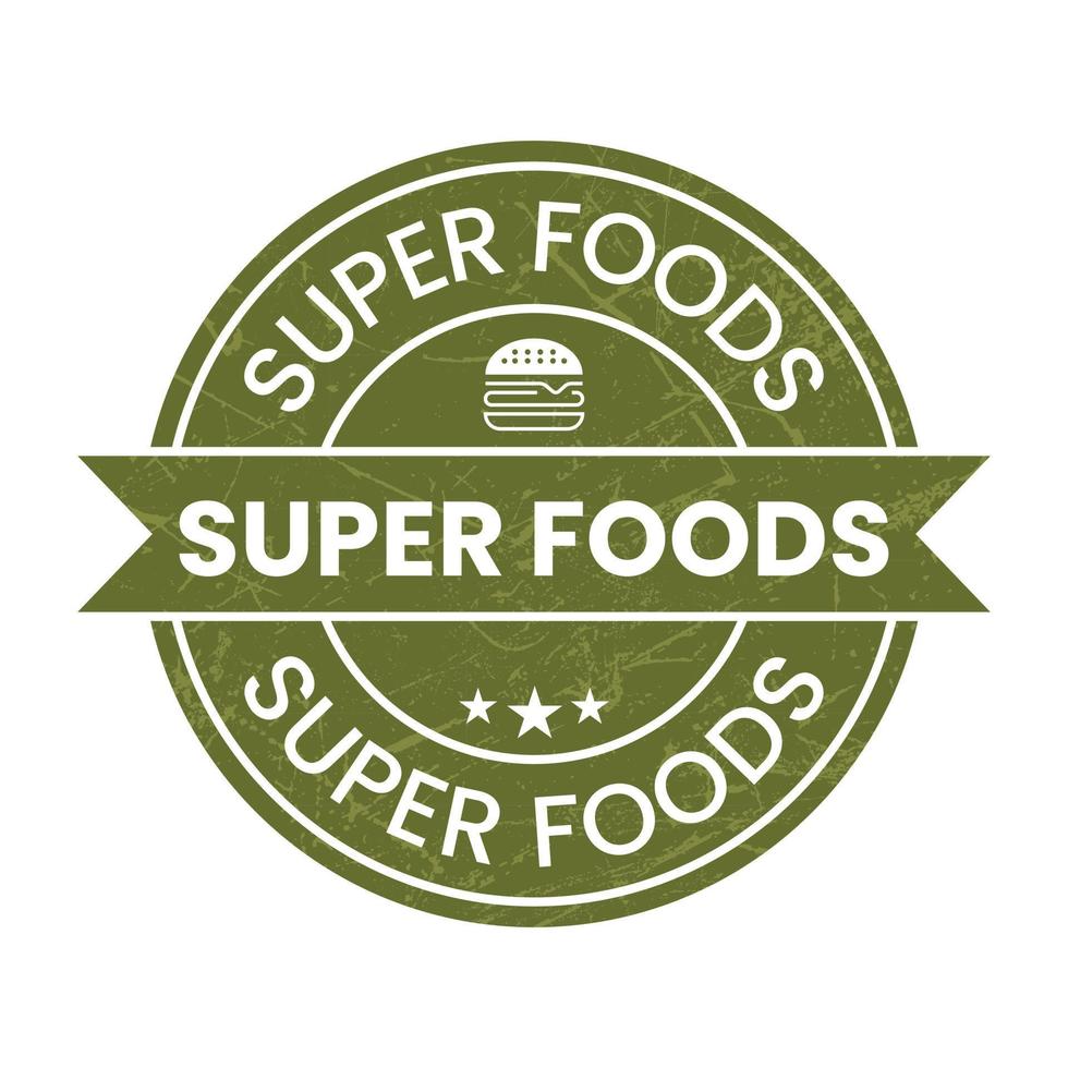 superfood insigne, super voedsel zegel, superfood sticker, teken, label, label, symbool, embleem, logo, icoon, wijnoogst stijl met grunge effect vector