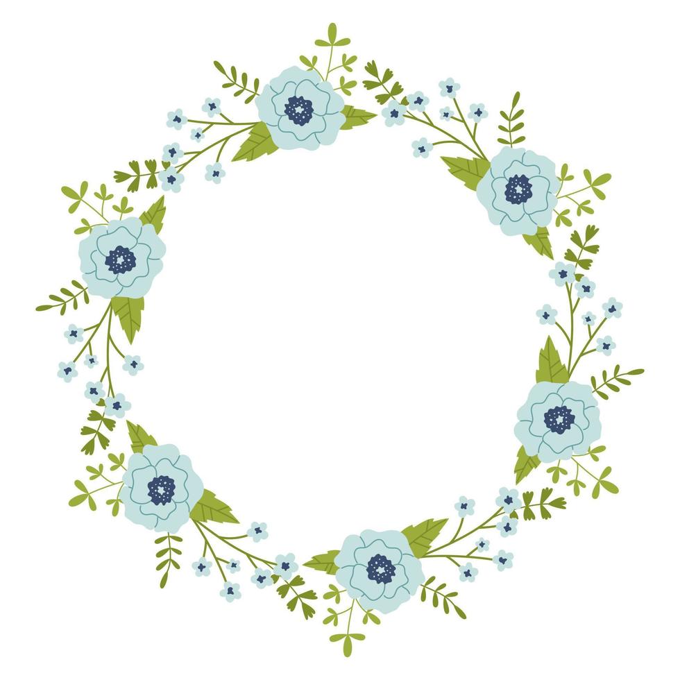 vector krans met groen bladeren en blauw bloemen. bloemen kader voor feesten. bloem ronde grens kopiëren ruimte. romantisch ontwerp voor groet kaarten en uitnodigingen. tekst sjabloon met blauw bloemen.